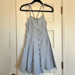 Blue and White Pinstripe Summer Cris Cross Tie Back Summer Mini Dress